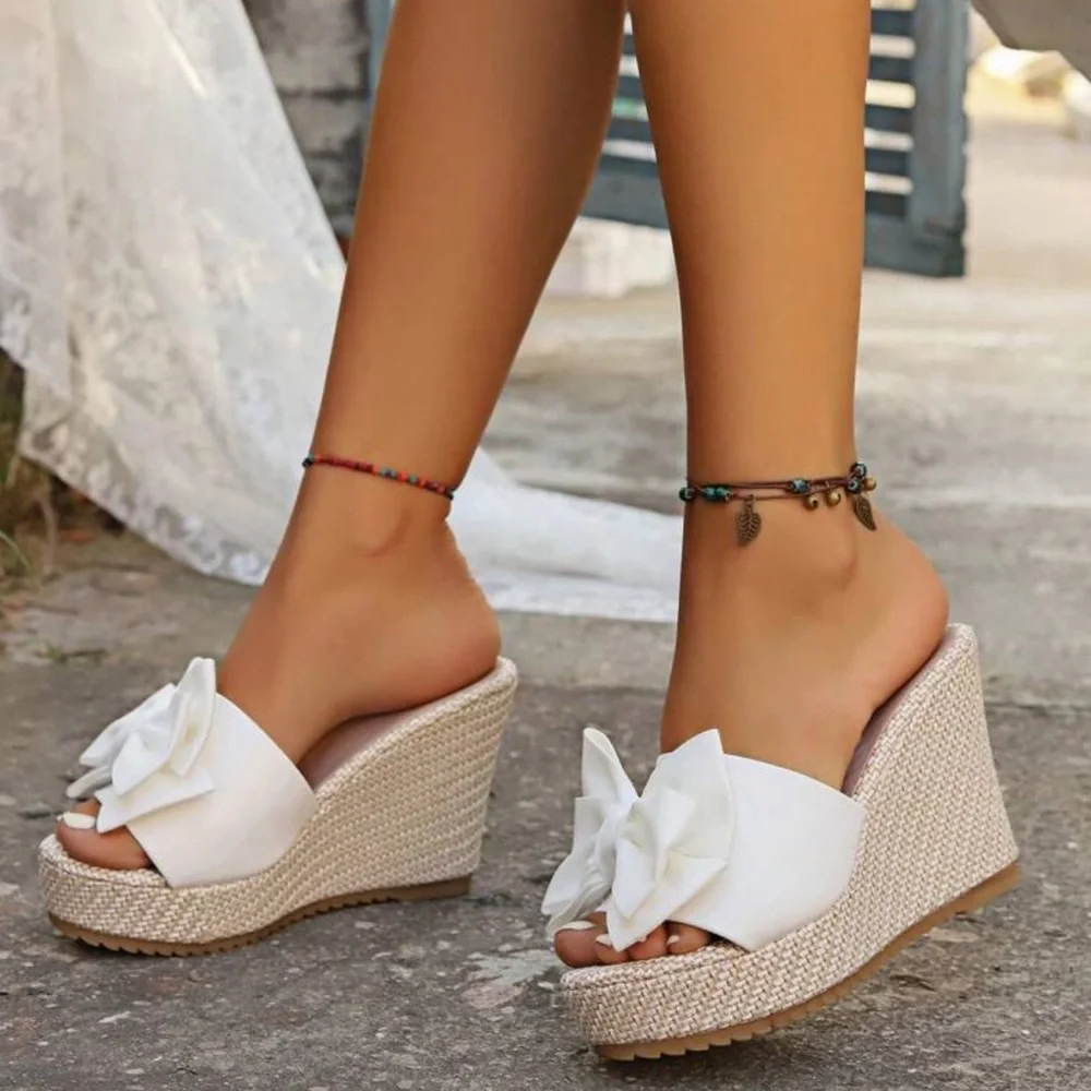 Women Fashionable Comfortable Wedge Heel Slide Sandals, Solid Color, Woven Beach - Picture 3 of 4